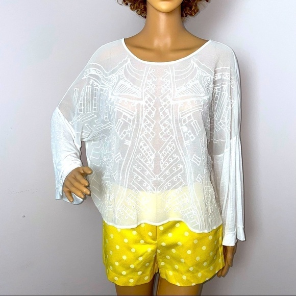 Hazel Boho Bell Sleeve Blouse – White, Geometric Detail – Size Small - Picture 1 of 11